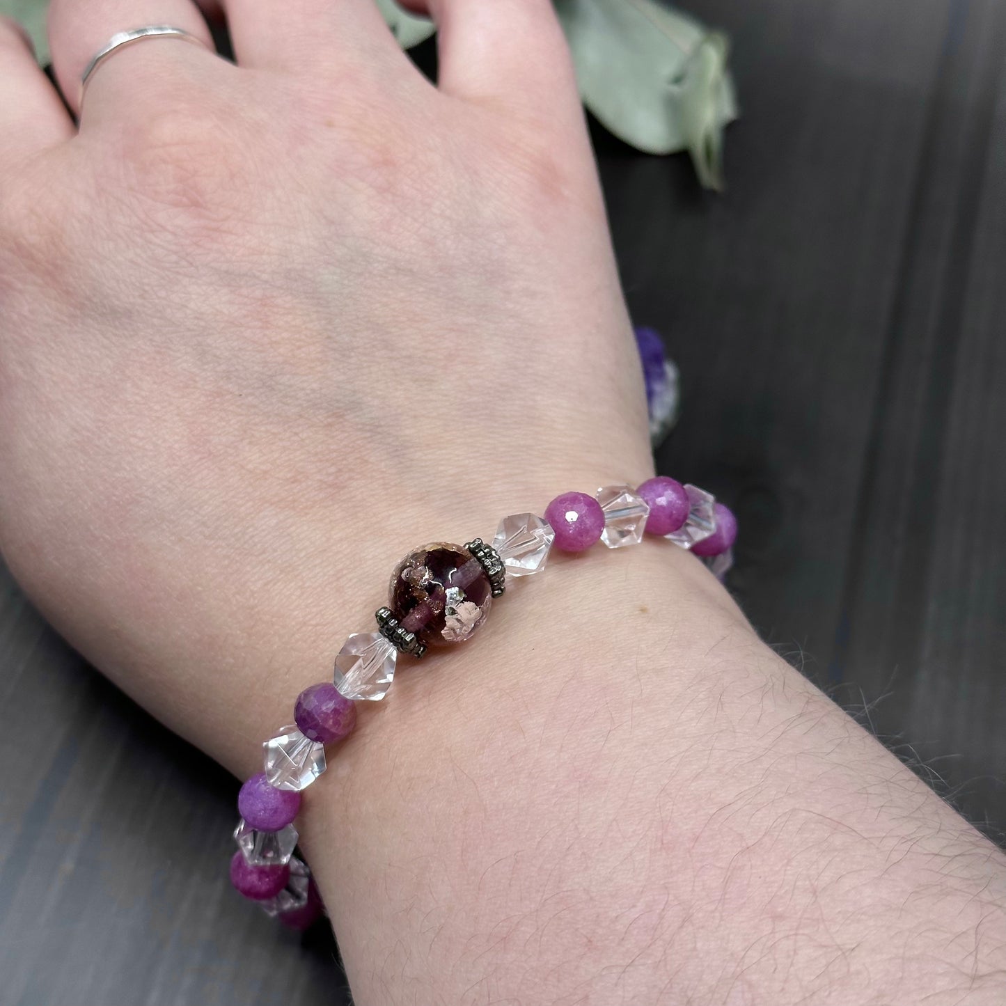 7.5" Ruby, Quartz, Gold Vermil, Sterling Silver, and Venitian Glass Bracelet
