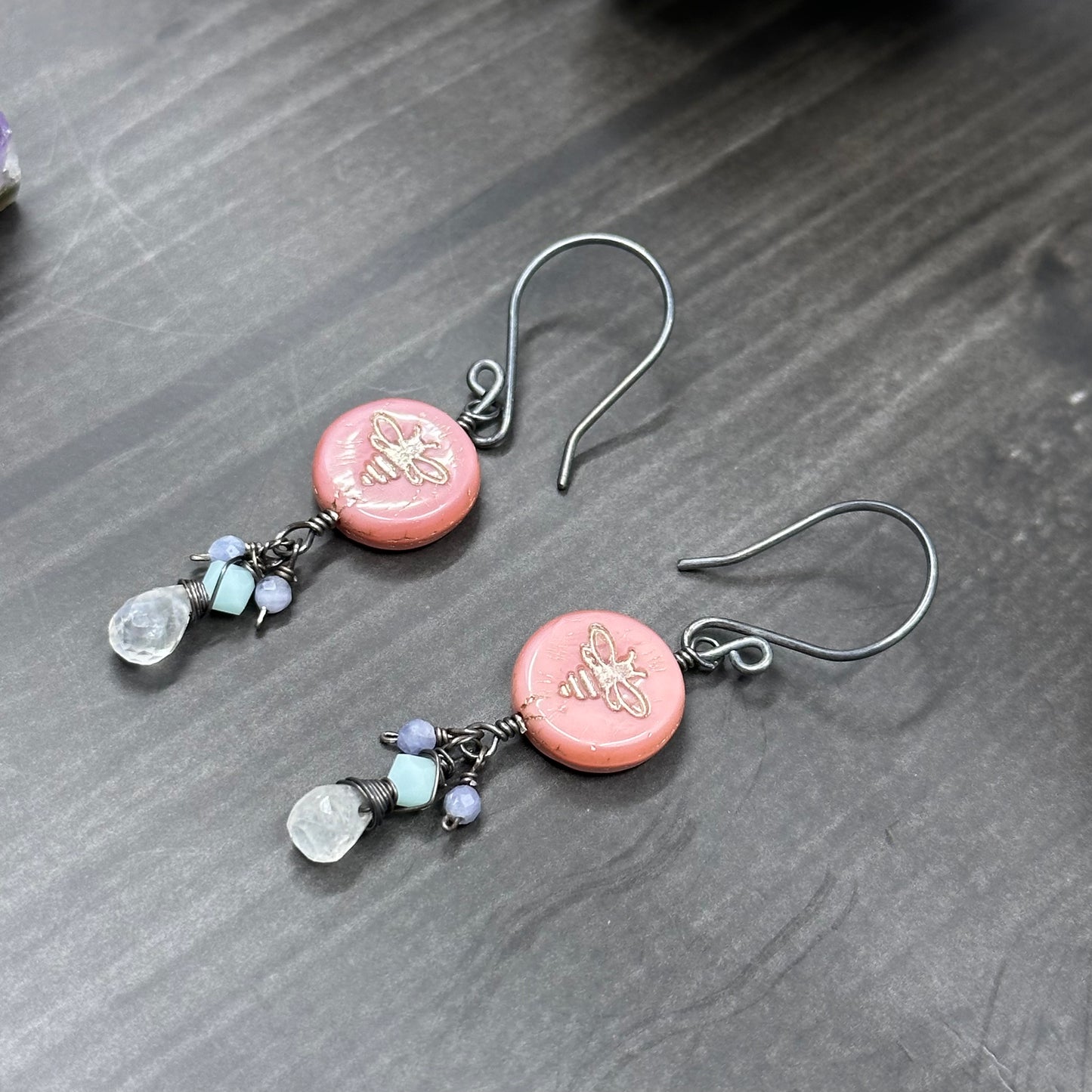 Sterling silver, crystal, rainbow moonstone, and tanzanite Bee earrings