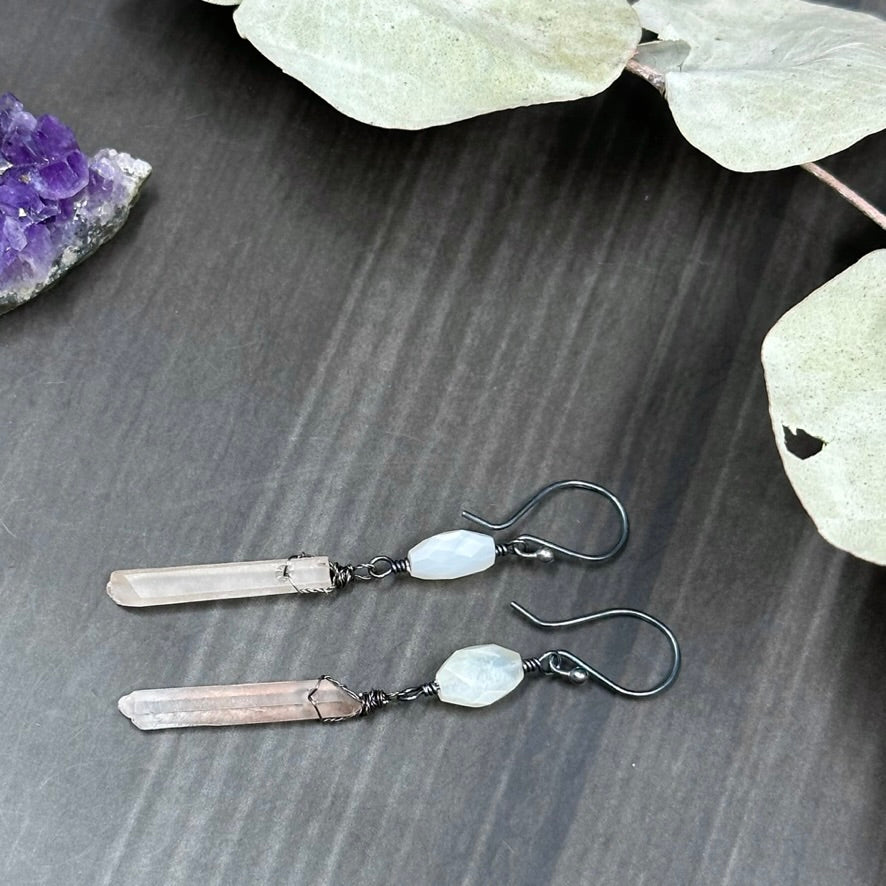 Oxidized sterling silver, quartz, and moonstone earrings
