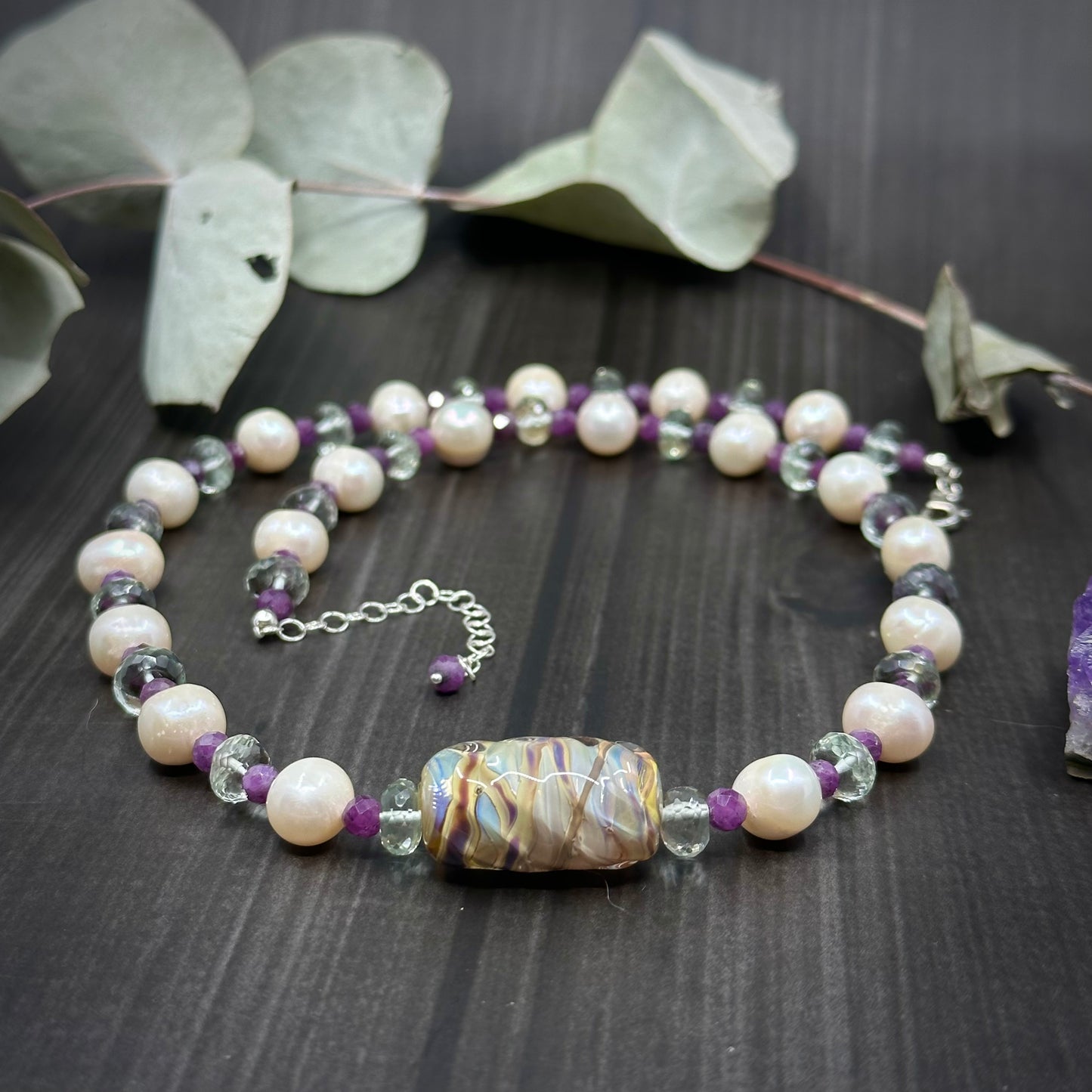 Sterling Silver, Prasiolite, Ruby, Pearl, and Lampwork Necklace