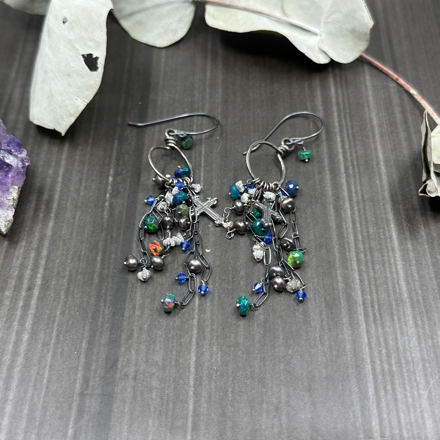 Sterling Silver Cross Earrings with Black Opals, Freshwater Pearls, and Diamonds