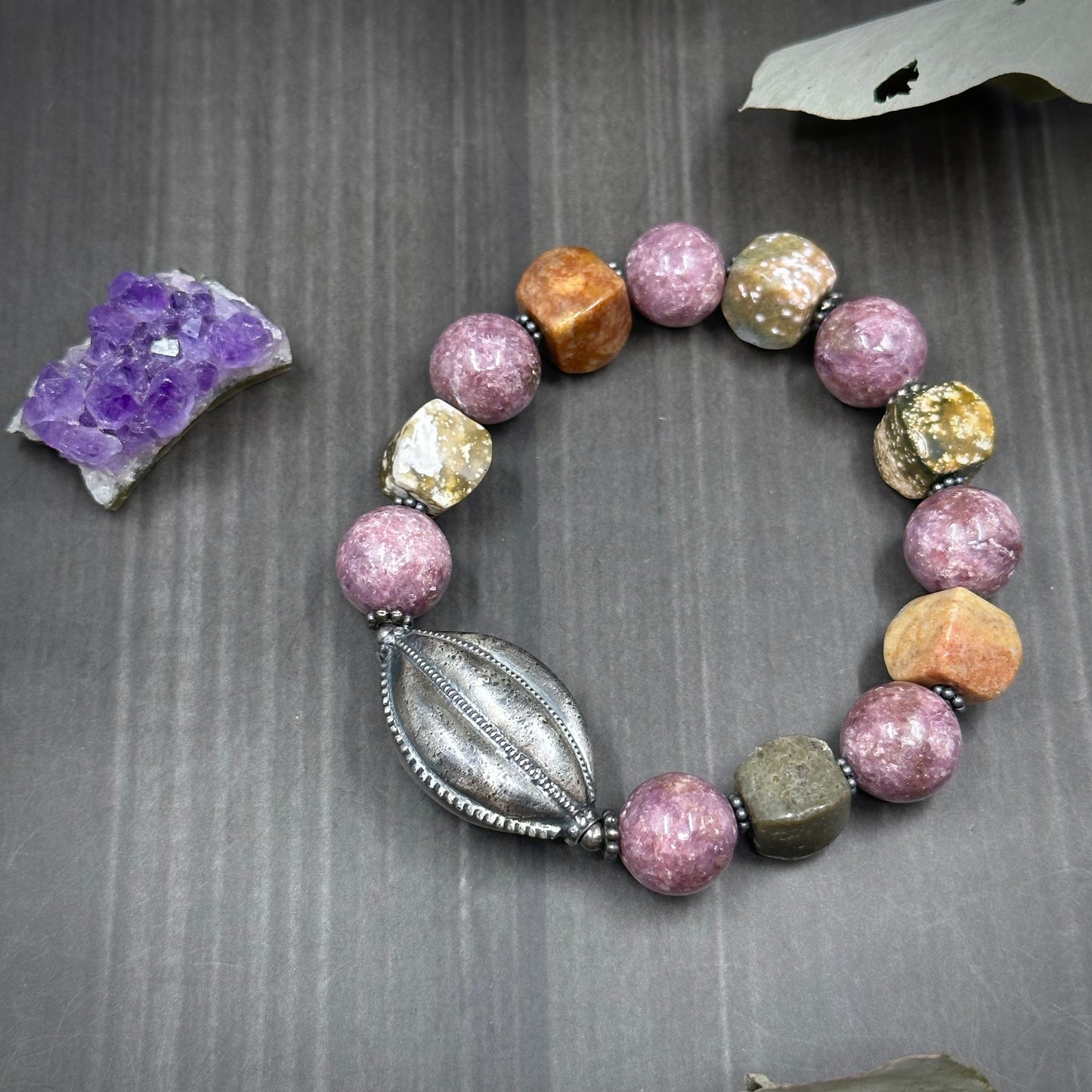 Ocean Jasper, Lepidolite, and sterling silver 6.5" stretch bracelet
