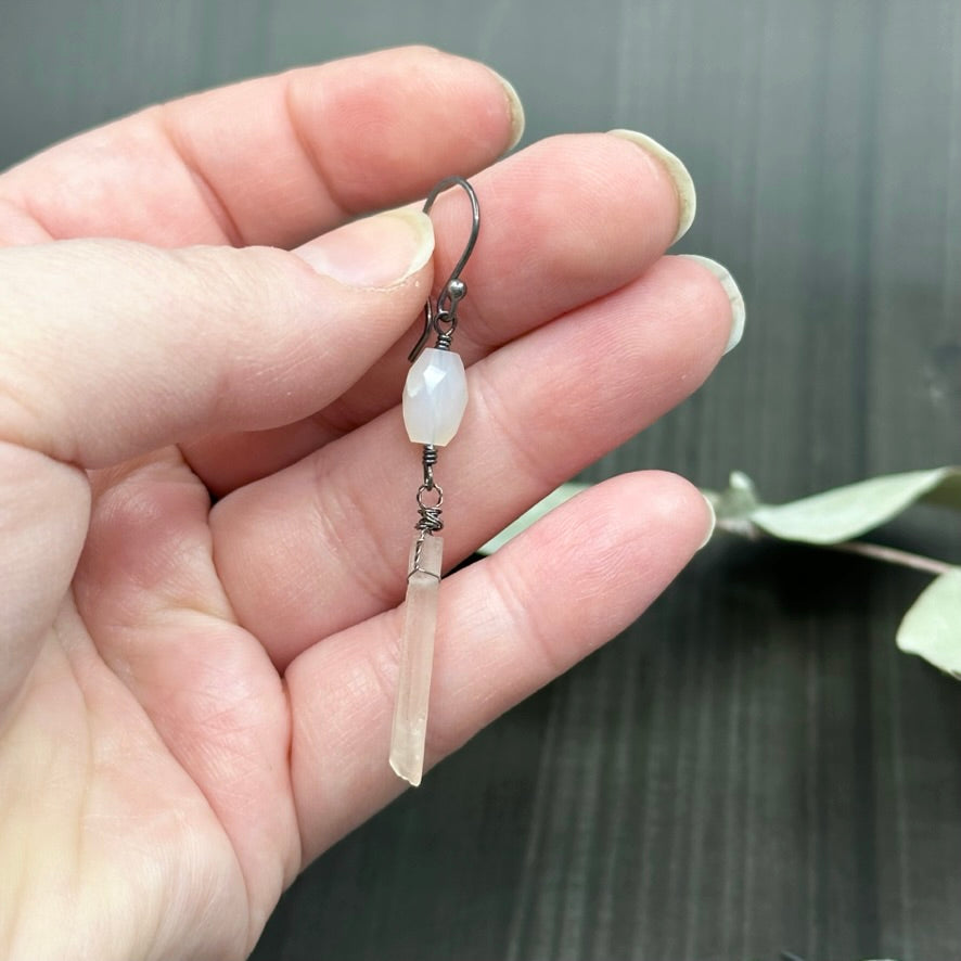Oxidized sterling silver, quartz, and moonstone earrings