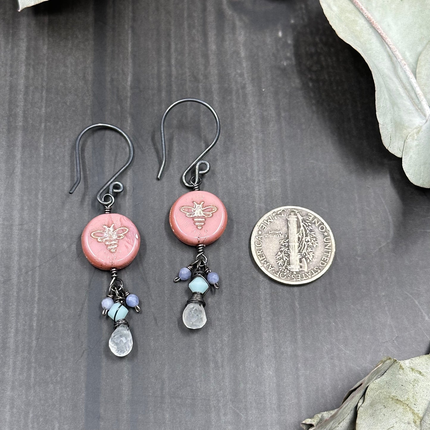 Sterling silver, crystal, rainbow moonstone, and tanzanite Bee earrings