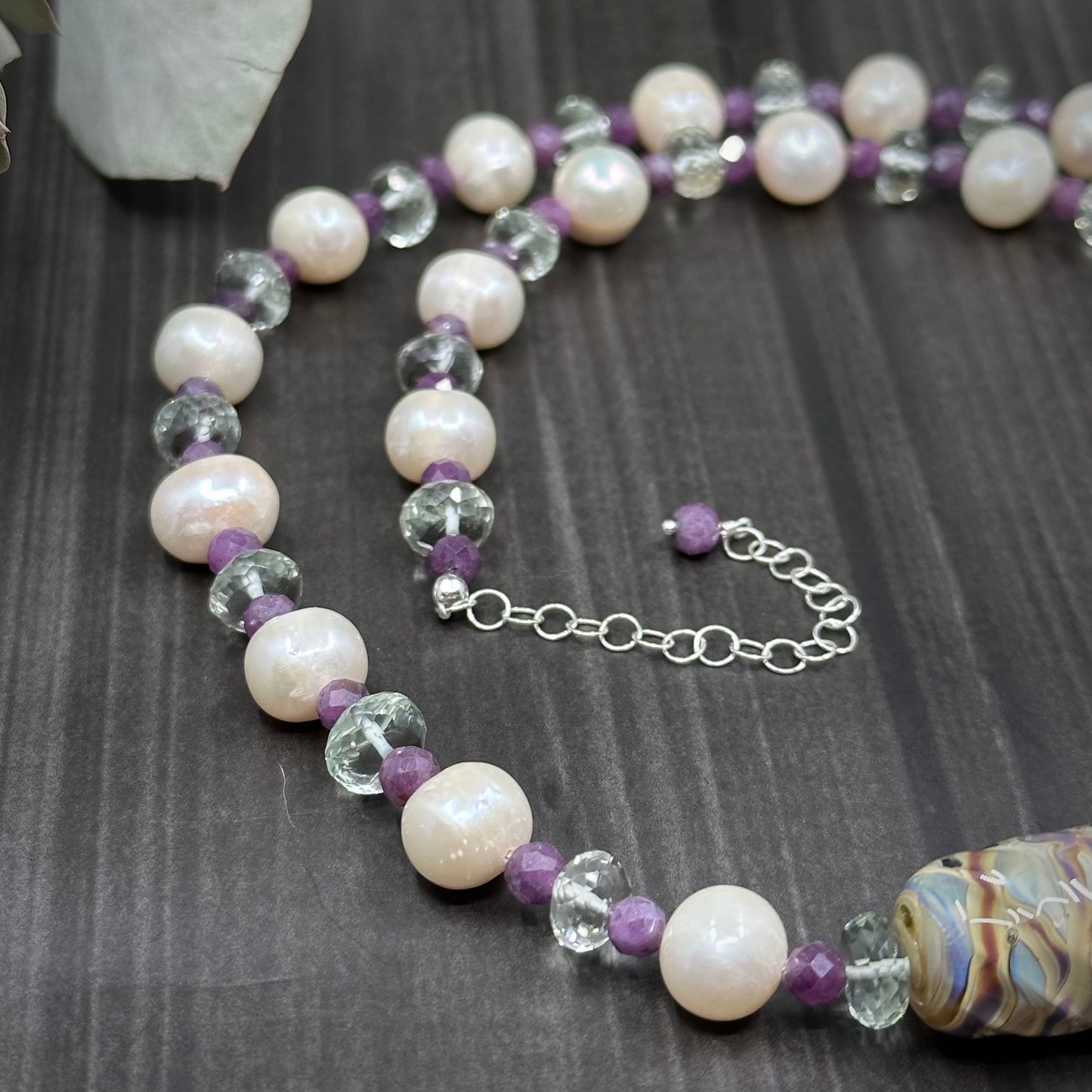 Sterling Silver, Prasiolite, Ruby, Pearl, and Lampwork Necklace