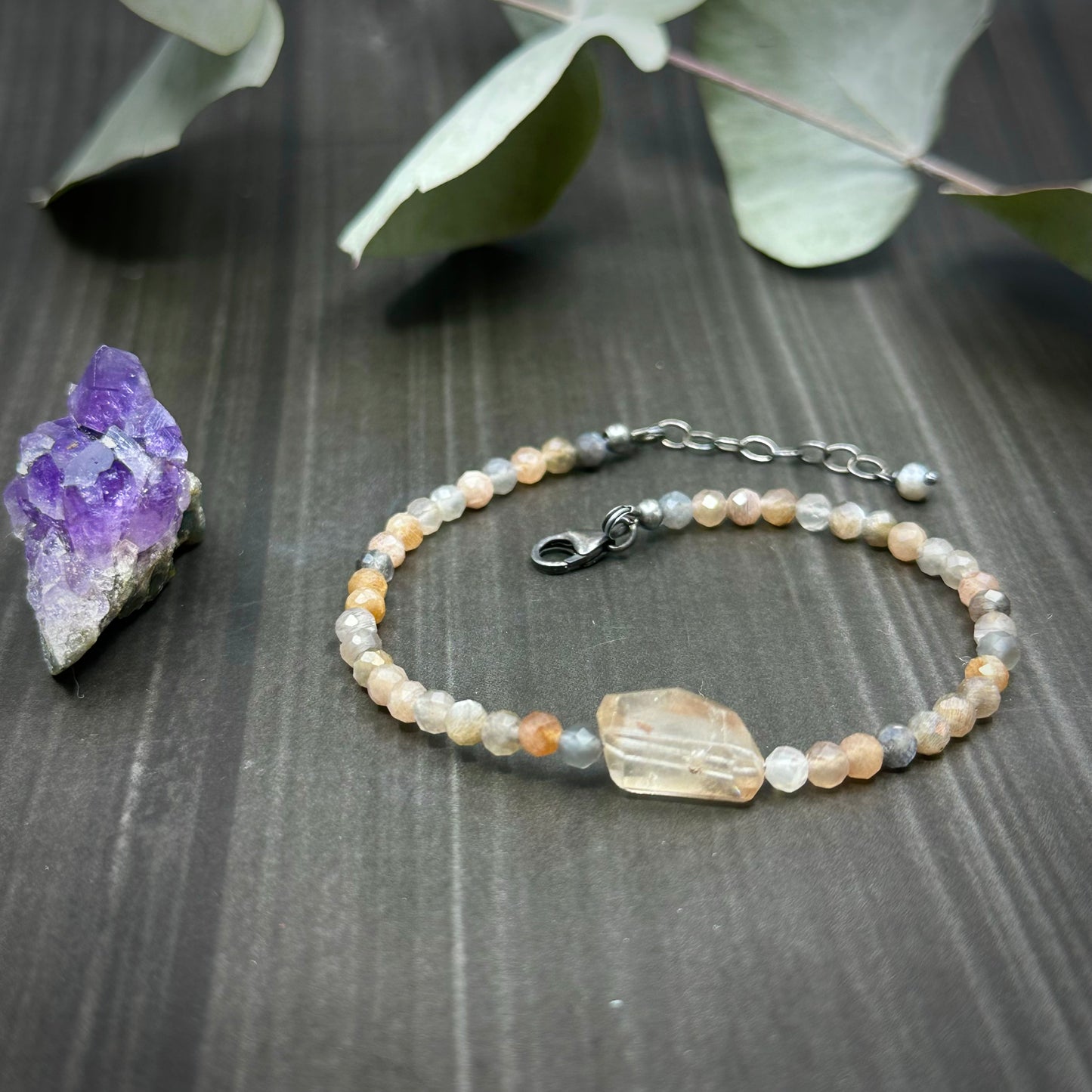 Imperial topaz and mixed moonstone sterling silver bracelet