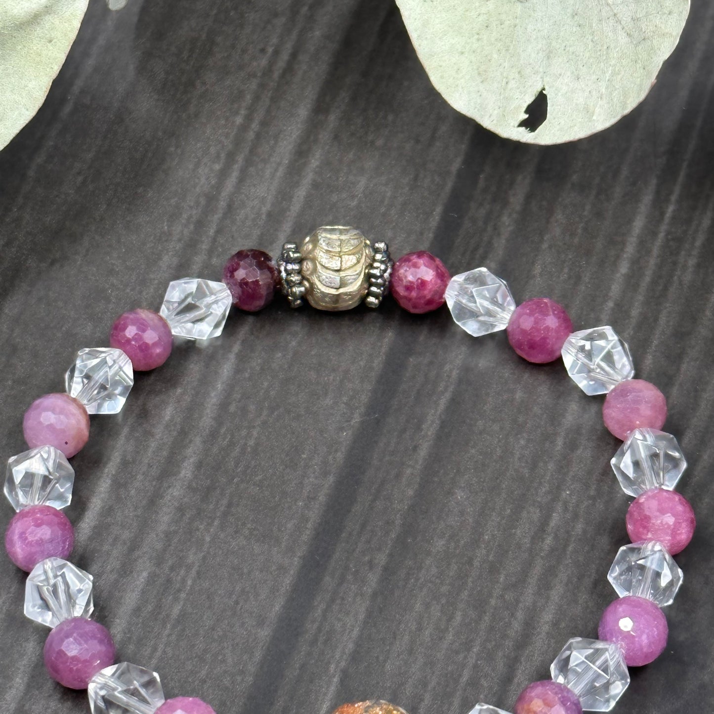 7.5" Ruby, Quartz, Gold Vermil, Sterling Silver, and Venitian Glass Bracelet