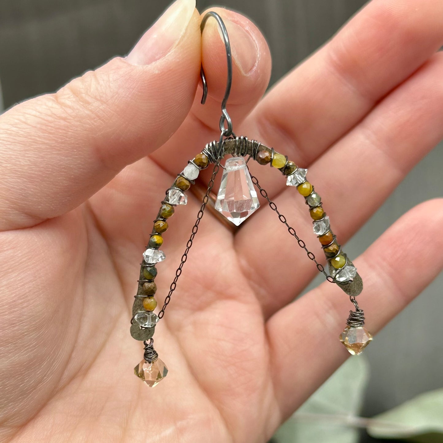 Pietersite, Herkimer Quartz and Sterling Silver Earrings