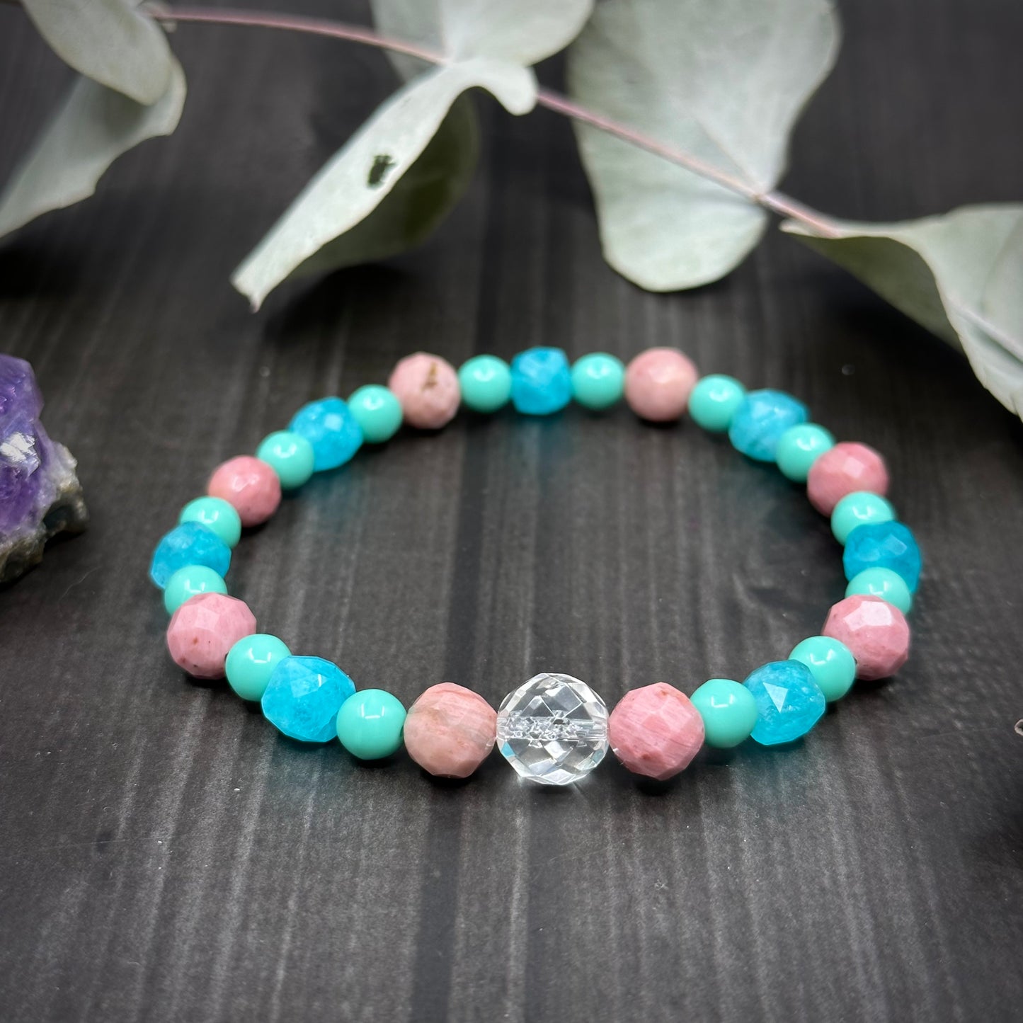 Quartz, Jade, Rhodonite, and Czech Glass 7 ⅜" stretch bracelet