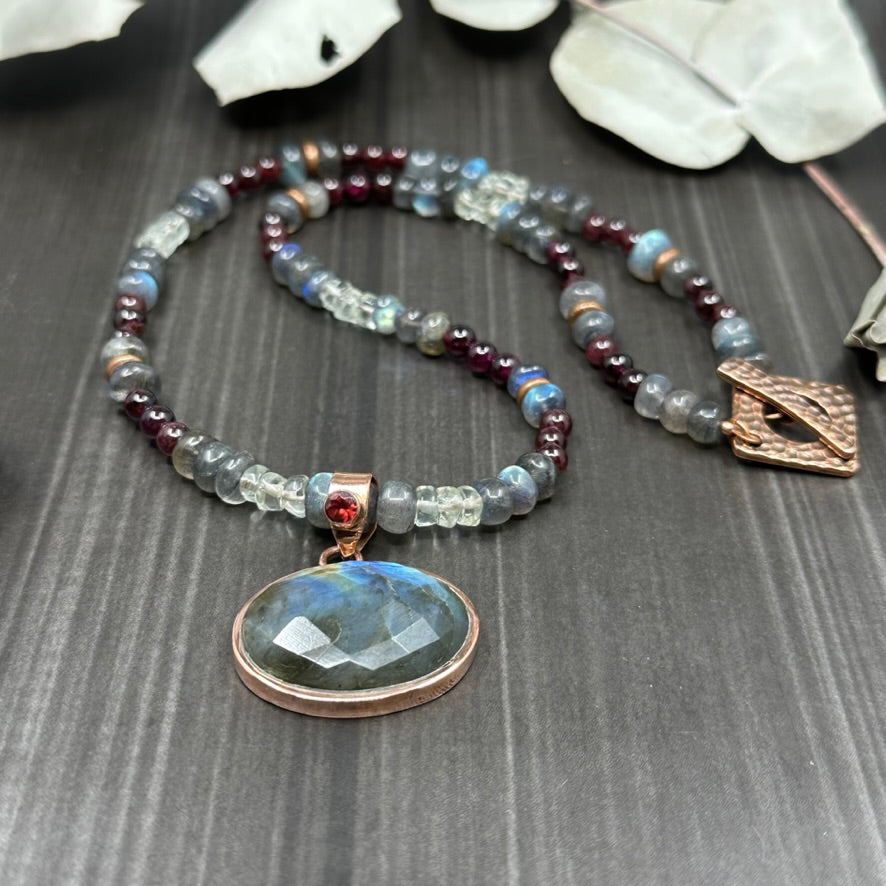 Labradorite, Garnet, and Prasiolite Necklace in Copper