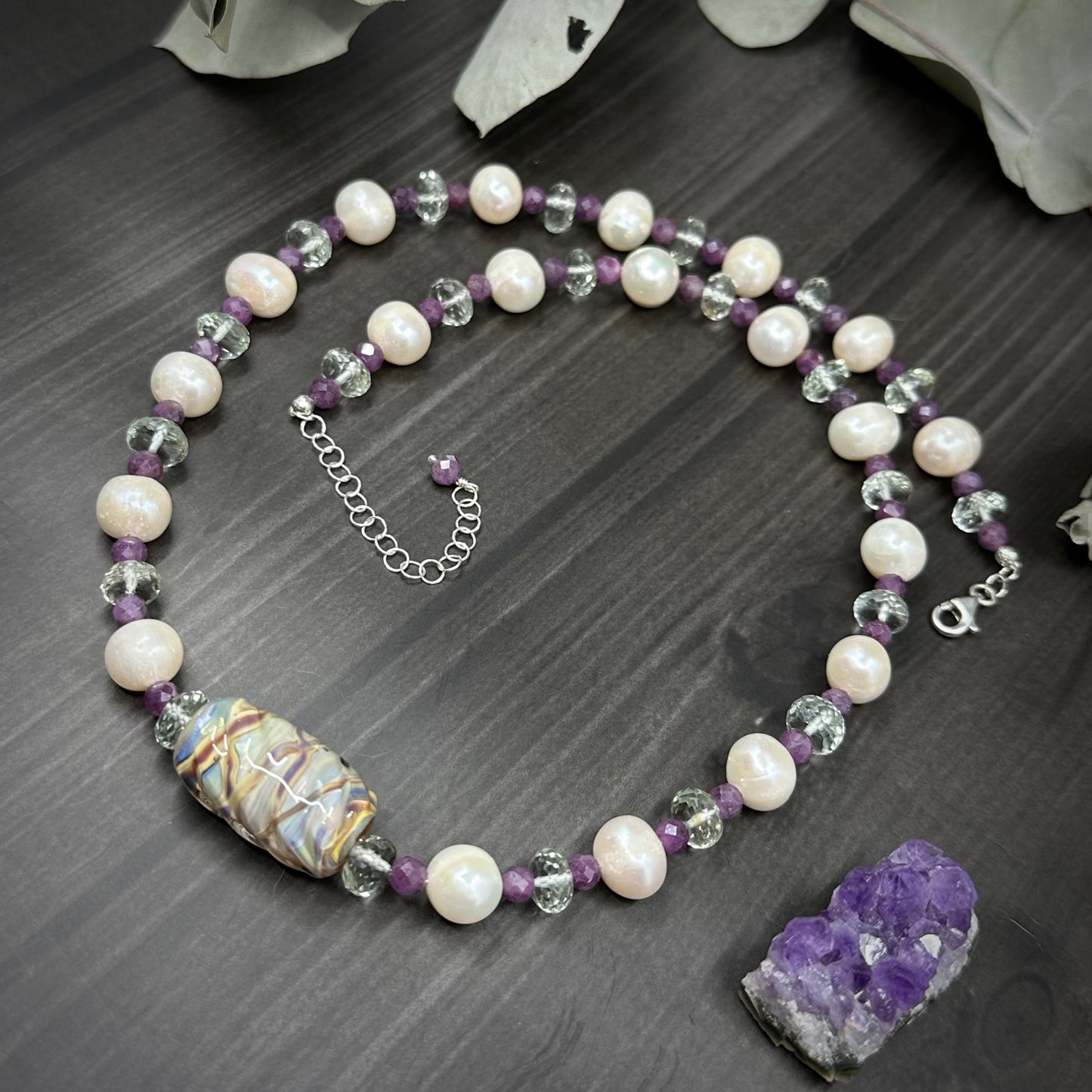 Sterling Silver, Prasiolite, Ruby, Pearl, and Lampwork Necklace