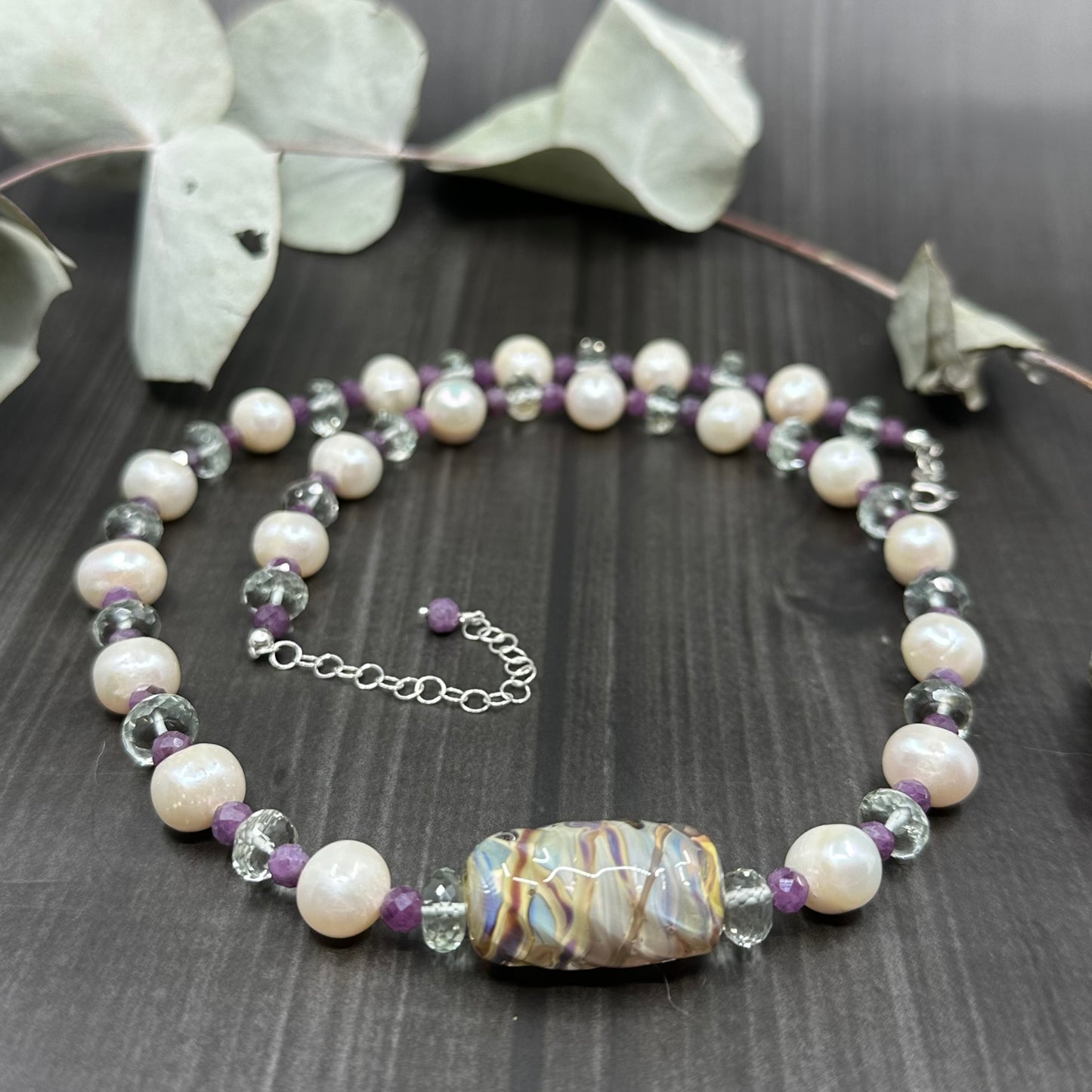 Sterling Silver, Prasiolite, Ruby, Pearl, and Lampwork Necklace