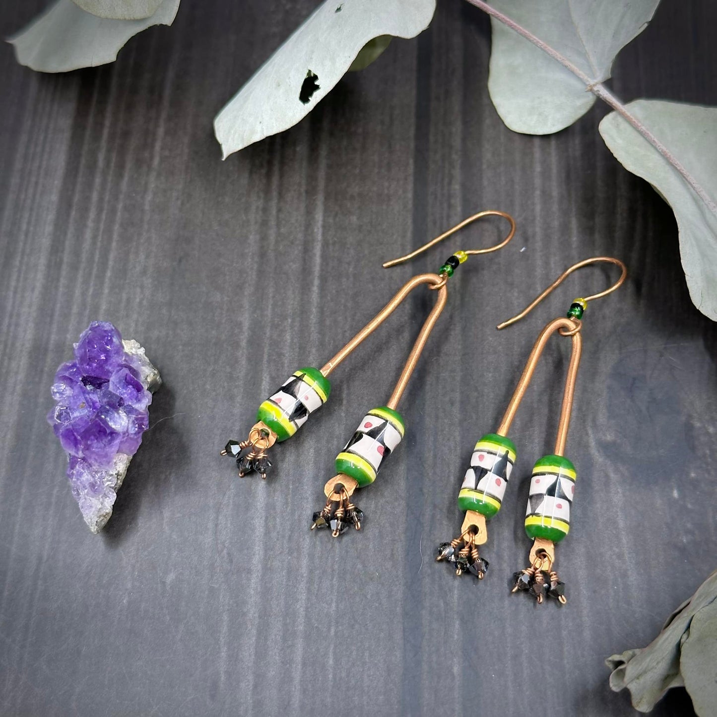 Peruvian ceramics, copper, and Crystal earrings