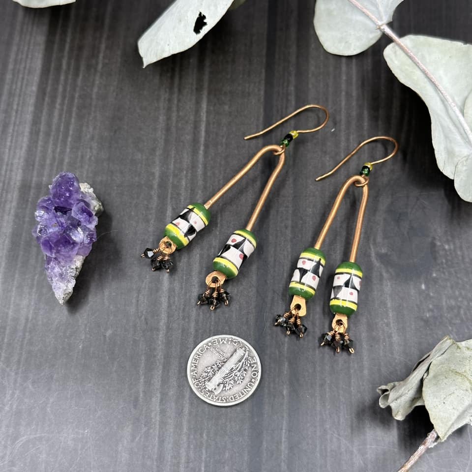 Peruvian ceramics, copper, and Crystal earrings