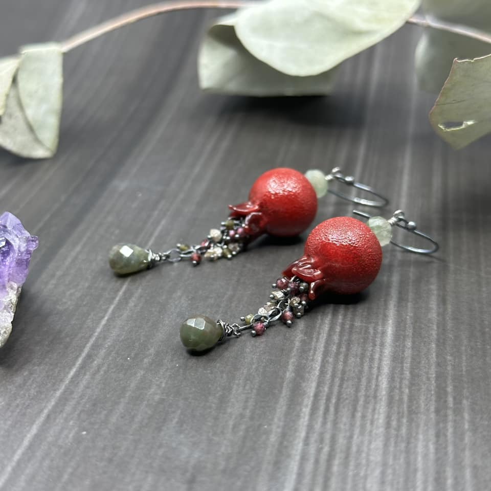Pomegranate, garnet, obsidian, and diamond earrings in sterling silver