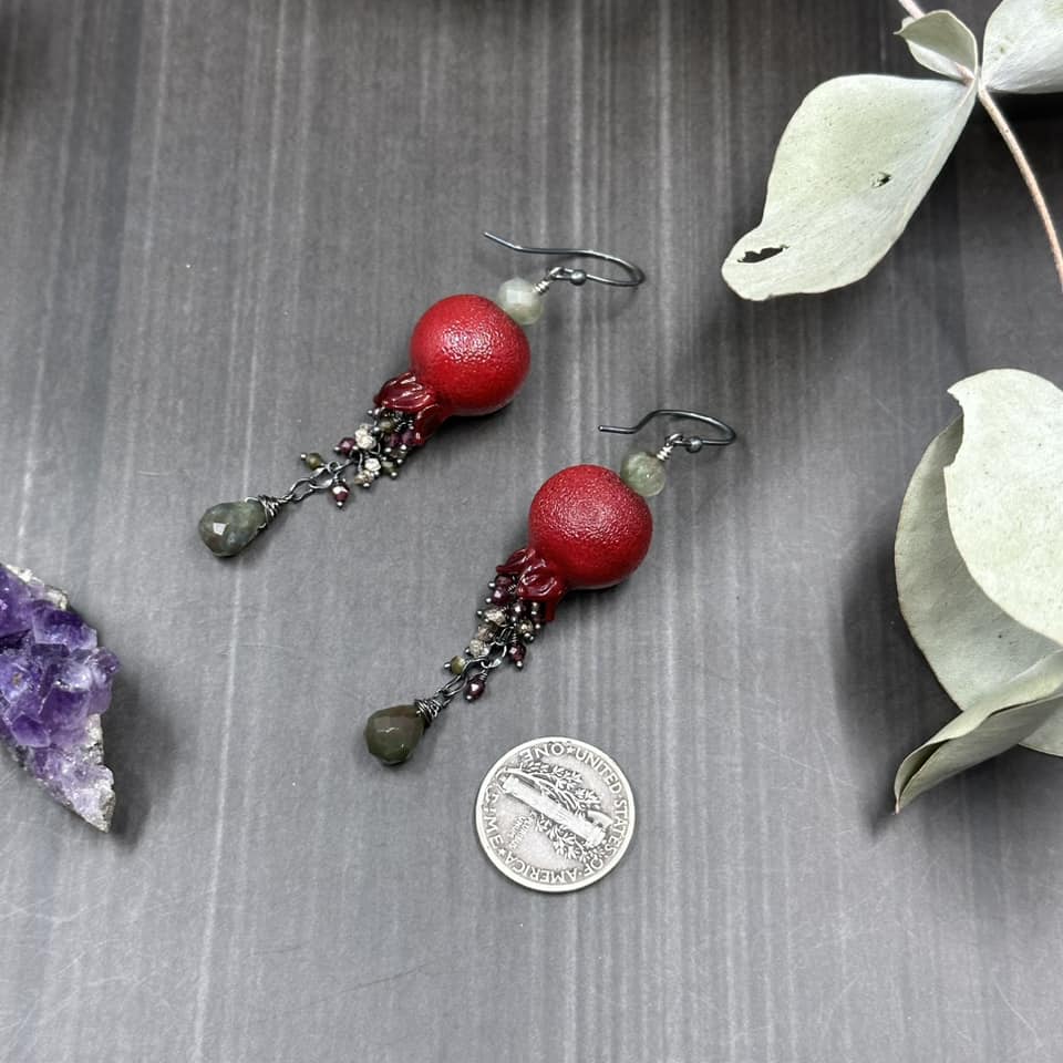 Pomegranate, garnet, obsidian, and diamond earrings in sterling silver