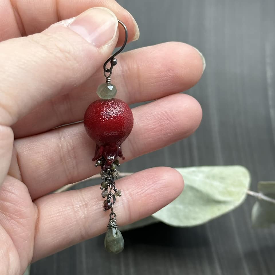 Pomegranate, garnet, obsidian, and diamond earrings in sterling silver