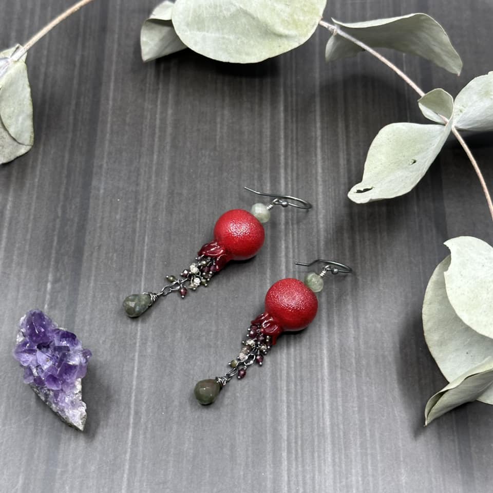 Pomegranate, garnet, obsidian, and diamond earrings in sterling silver