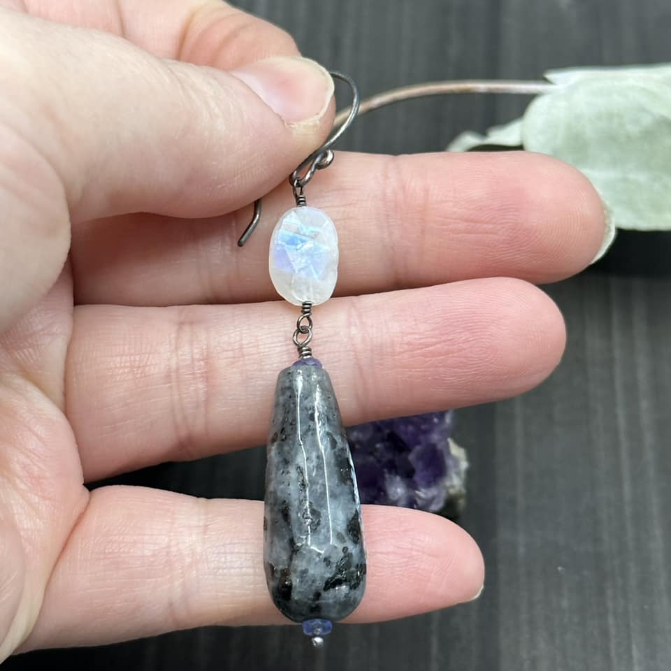 Larvakite, Moonstone, Tanzanite, and Sterling Silver Earrings
