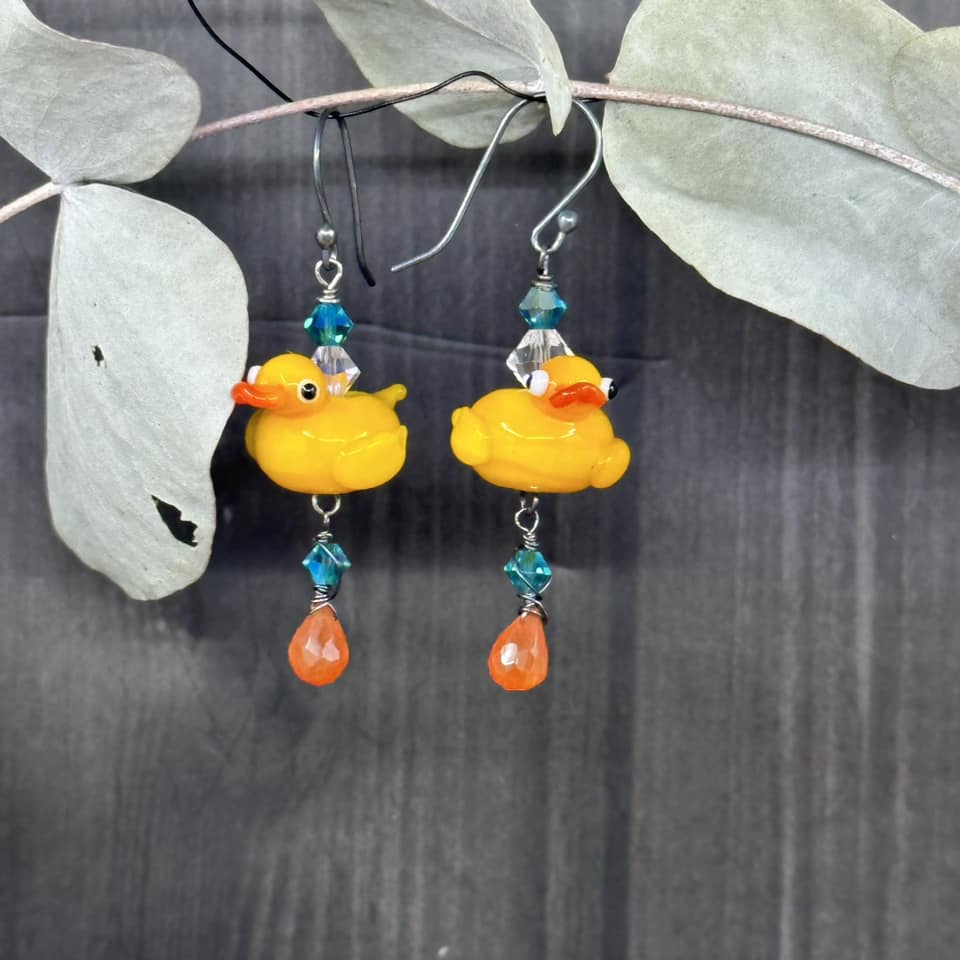 Carnelian, Crystal, and Duck Sterling Silver Earrings