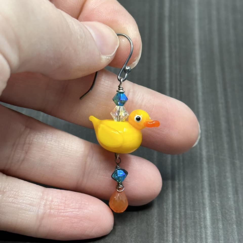 Carnelian, Crystal, and Duck Sterling Silver Earrings