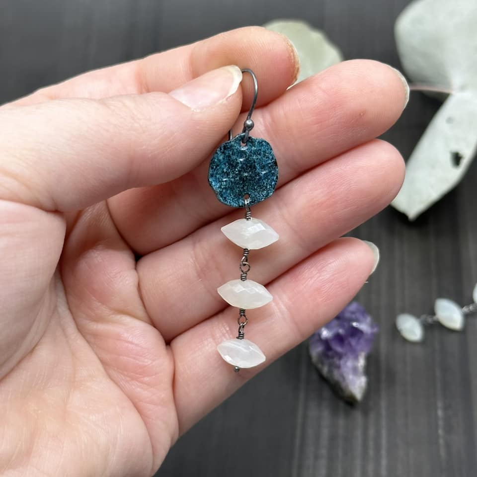 Blue Moon, Sterling Silver, and White Moonstone Earrings