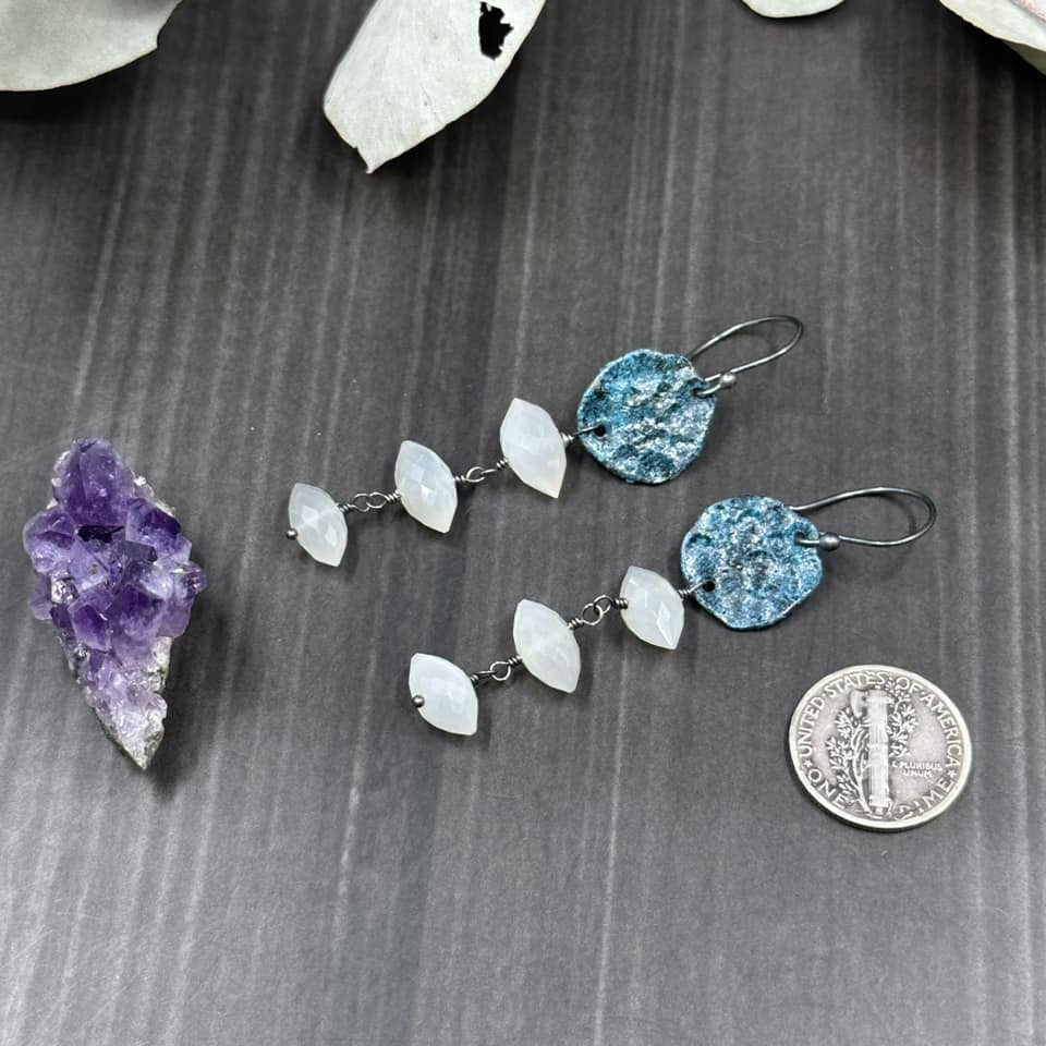 Blue Moon, Sterling Silver, and White Moonstone Earrings