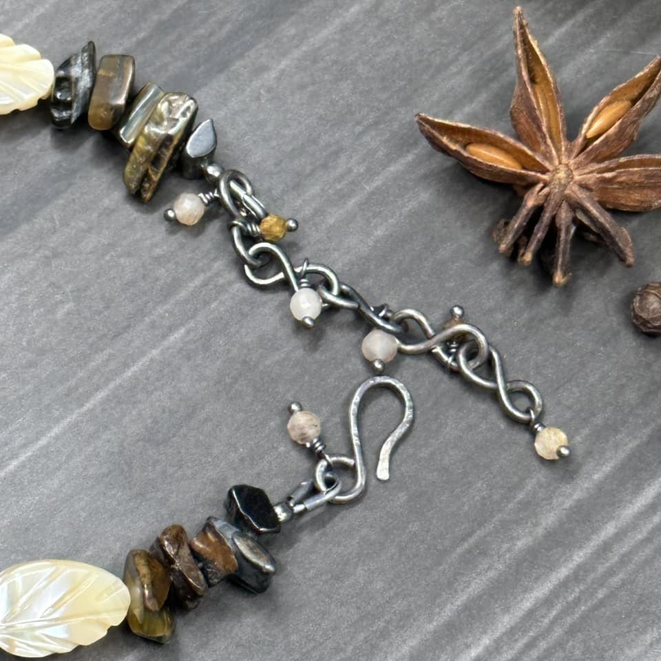 Glass Coffee, Blue Tiger's Eye, Mother of Pearl, and Sterling Silver Bracelet
