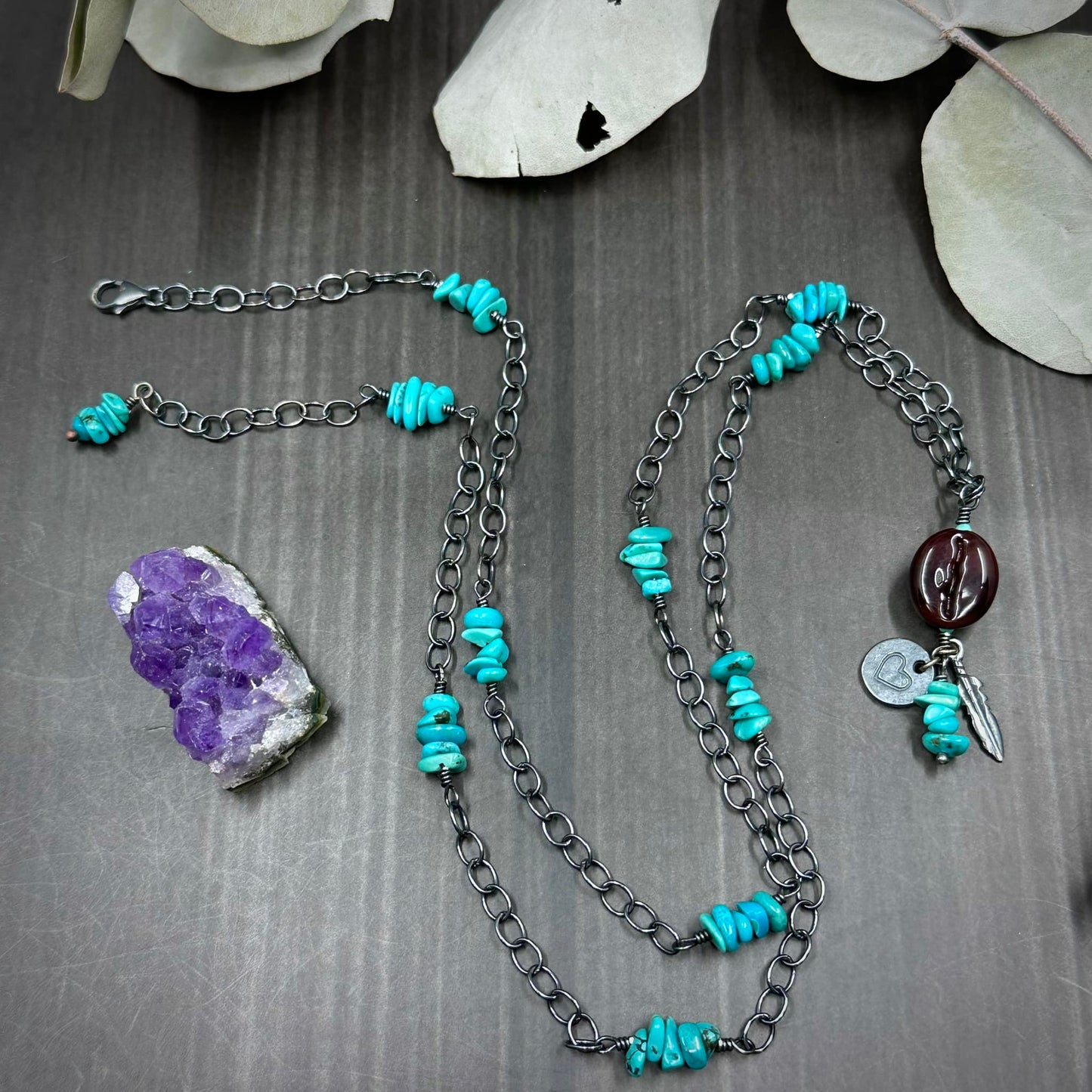 Glass Coffee and Turquoise Necklace in Sterling Silver