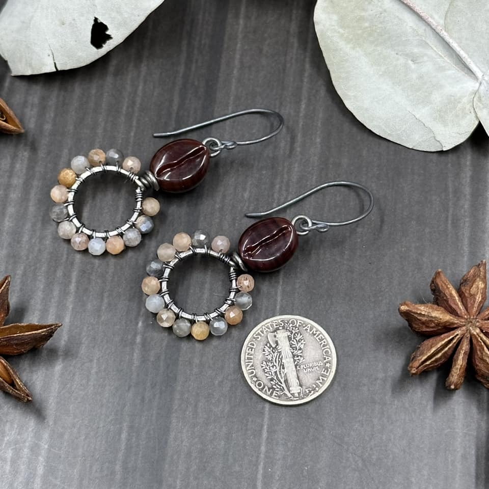 Glass Coffee and Moonstone Sterling Silver Hoop Earrings