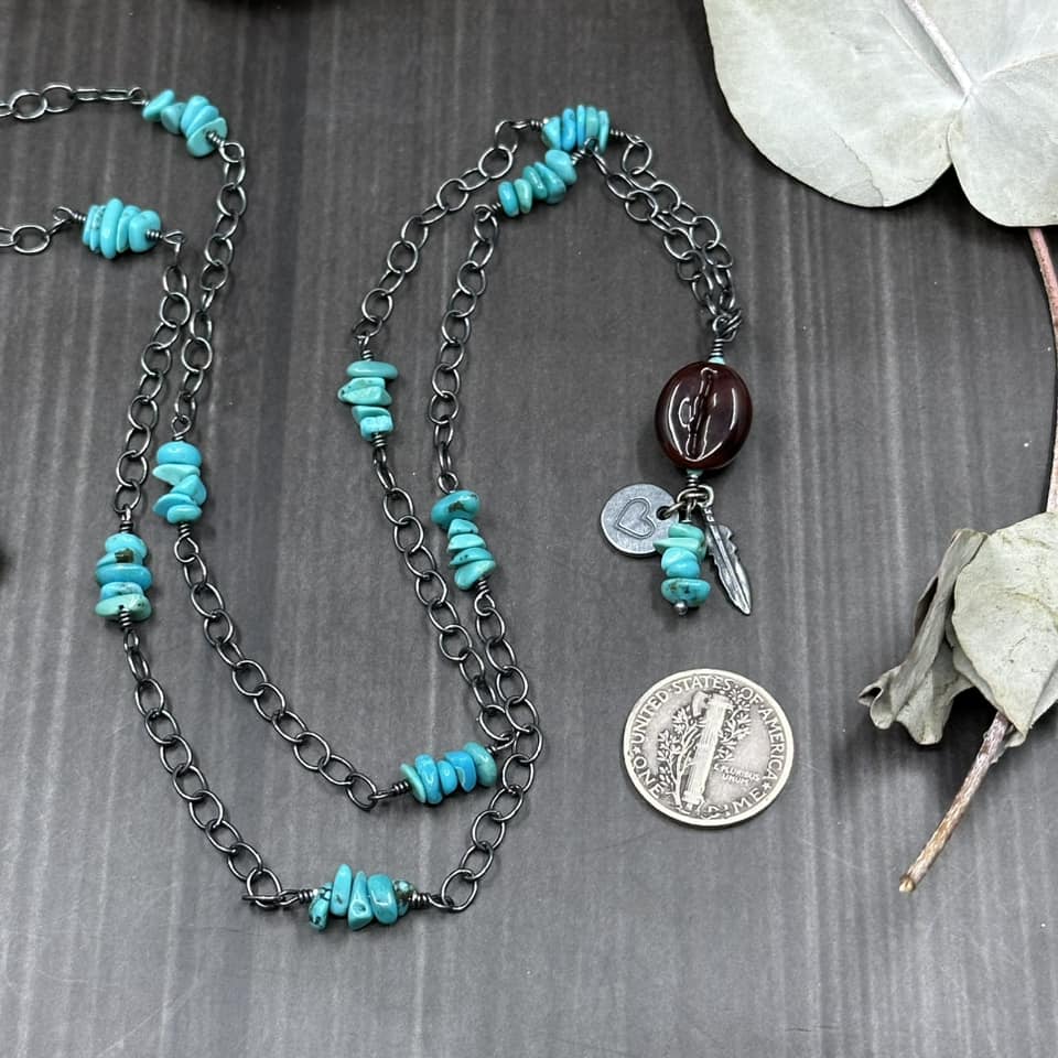 Glass Coffee and Turquoise Necklace in Sterling Silver