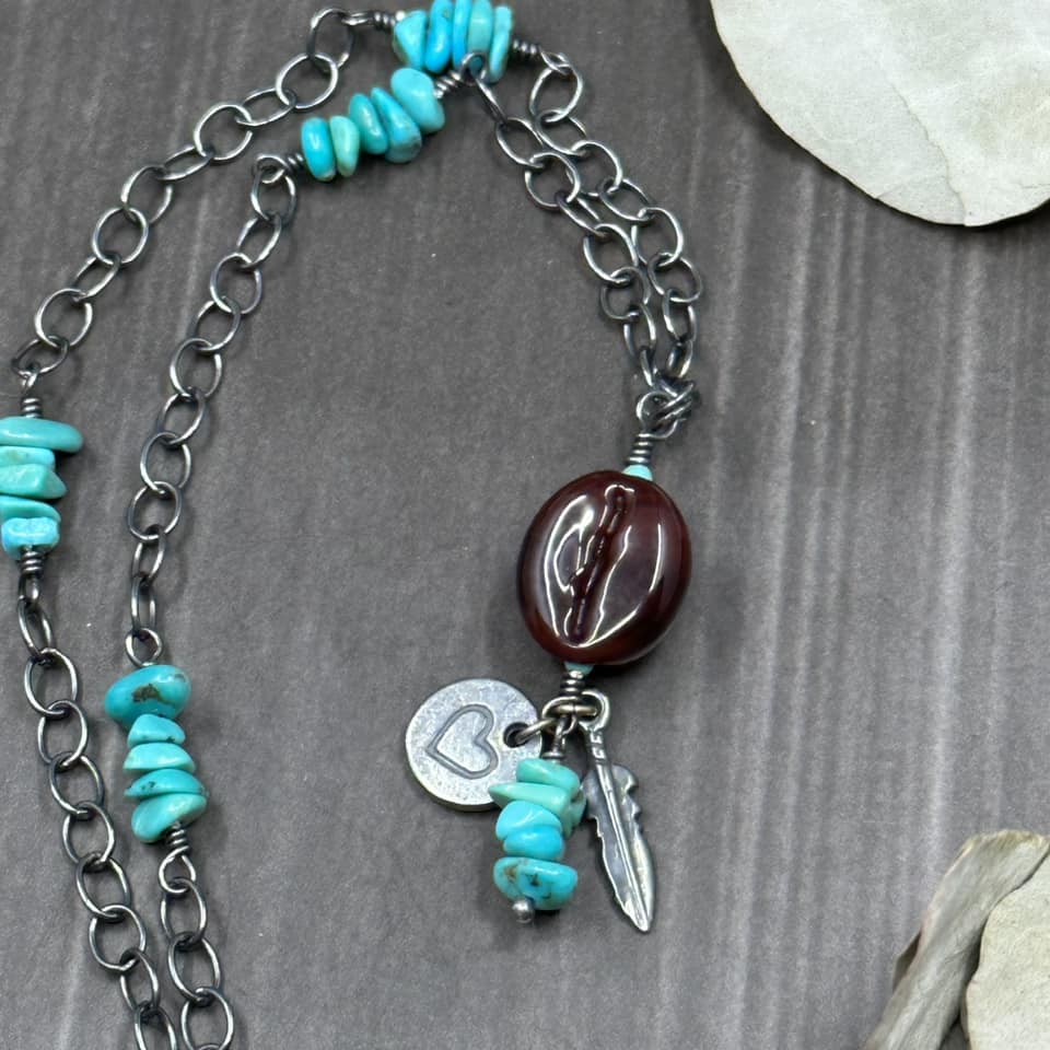 Glass Coffee and Turquoise Necklace in Sterling Silver