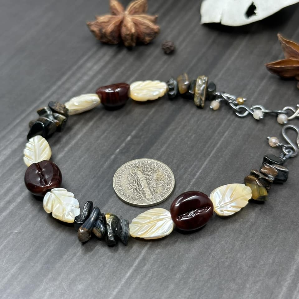 Glass Coffee, Blue Tiger's Eye, Mother of Pearl, and Sterling Silver Bracelet