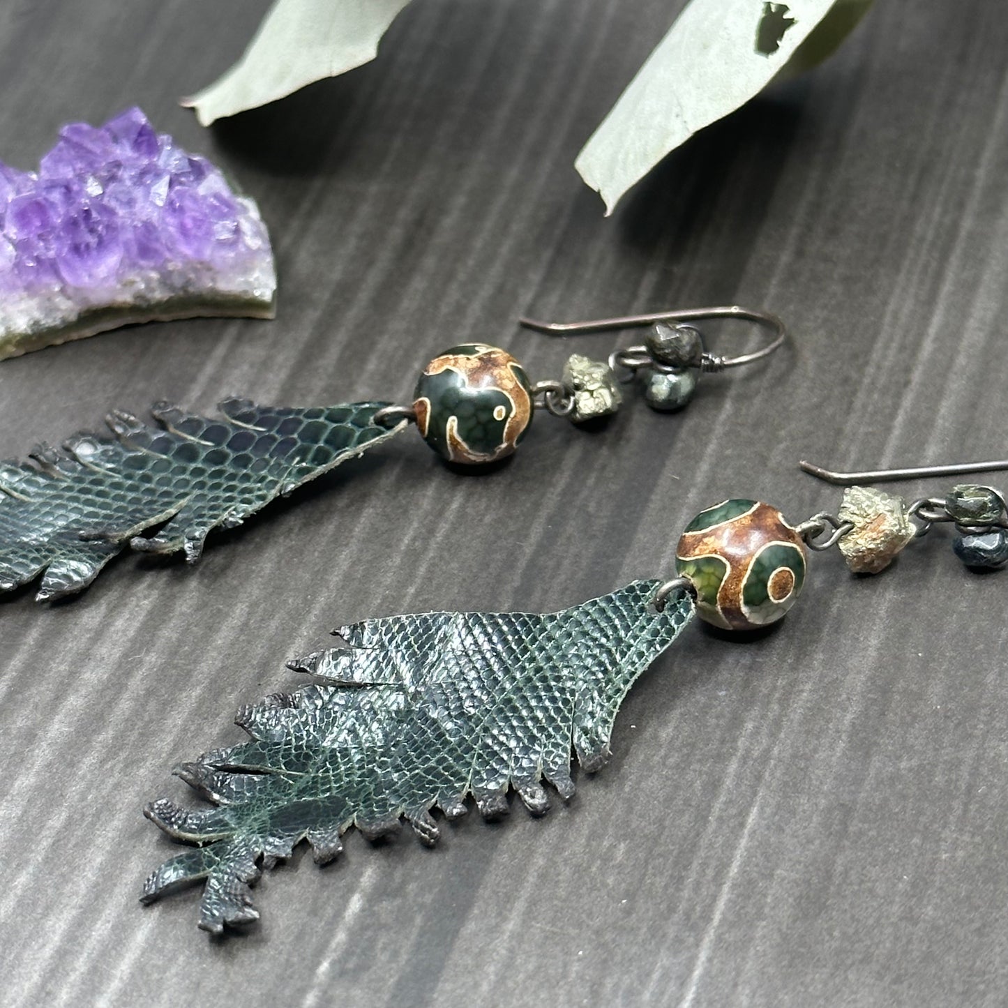 Dark Green Mystical Leather Feather Earrings