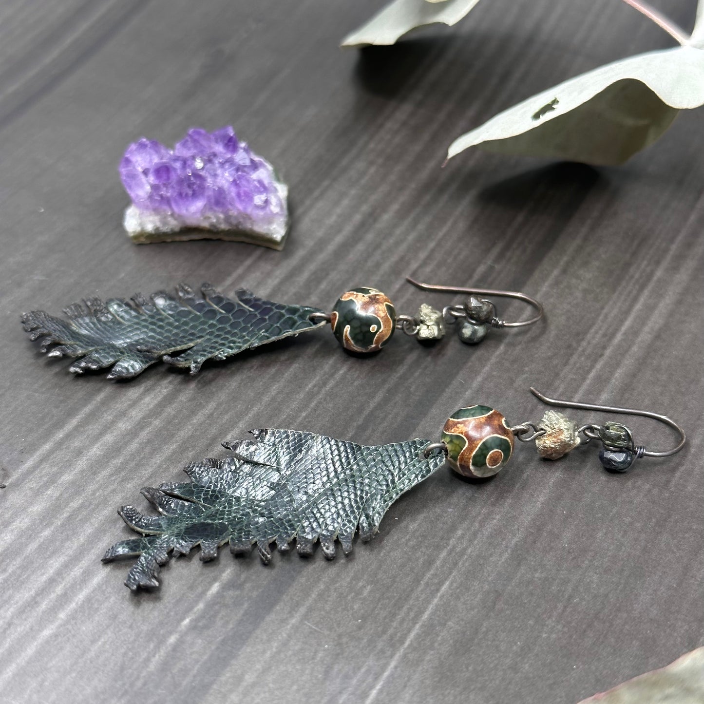 Dark Green Mystical Leather Feather Earrings