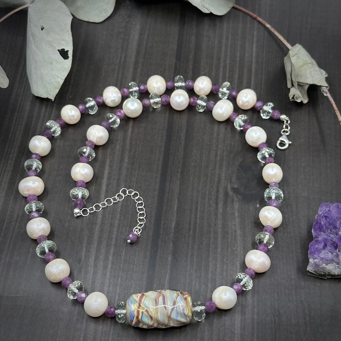 Sterling Silver, Prasiolite, Ruby, Pearl, and Lampwork Necklace