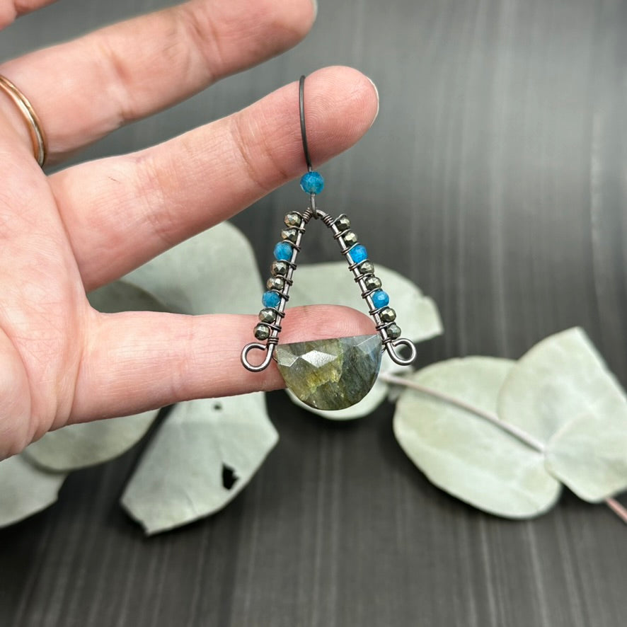 Half moon Labradorite Focal Earrings with Apatite and Pyrite in Copper