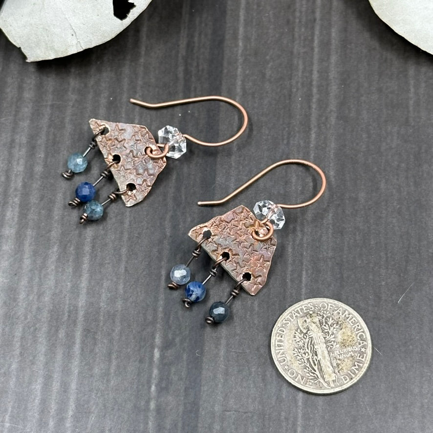 Copper Rustic Star Lightweight Earrings with Blue Kyanite