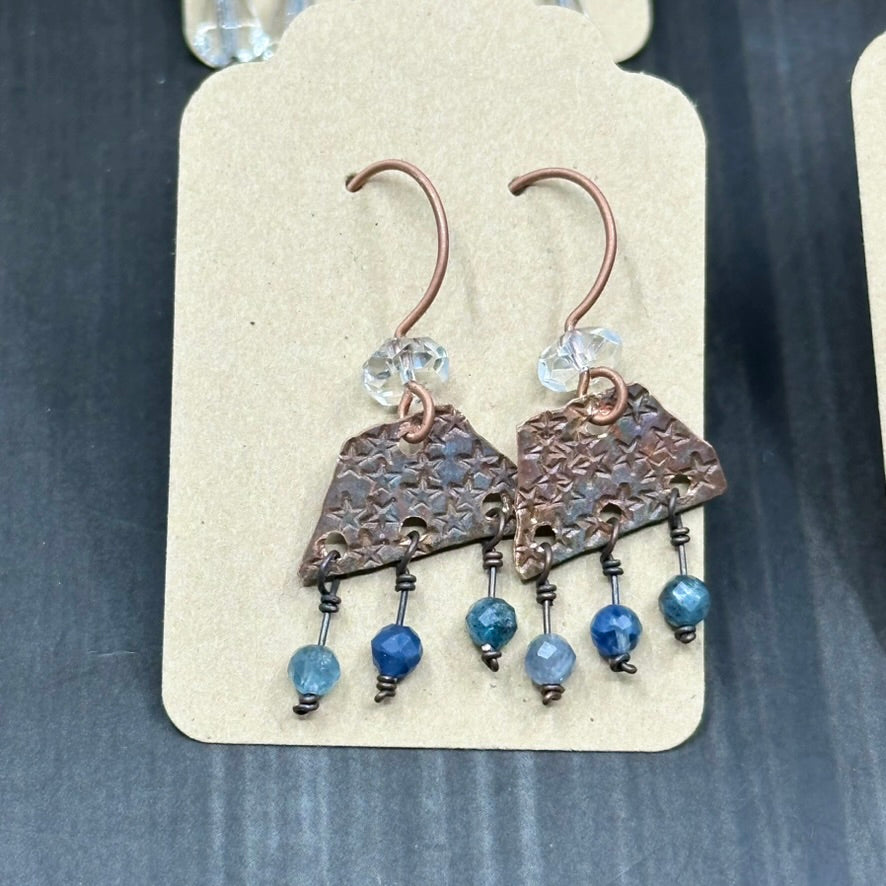 Copper Rustic Star Lightweight Earrings with Blue Kyanite