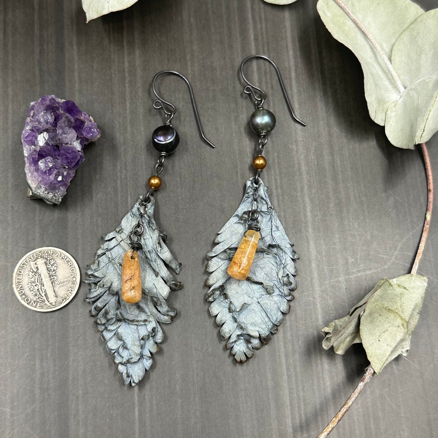 Aventurine, pearl, sterling silver, and leather feather earrings