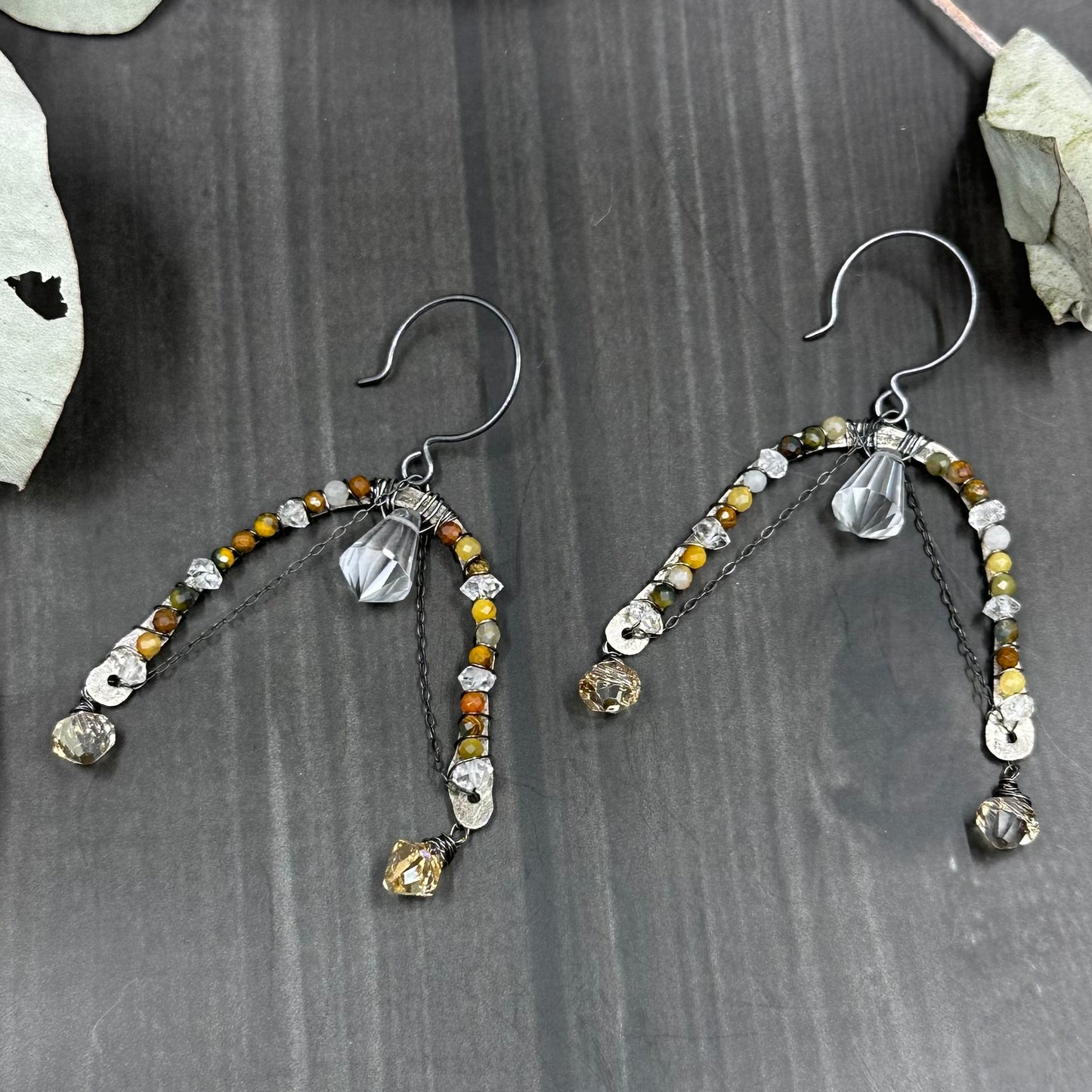 Pietersite, Herkimer Quartz and Sterling Silver Earrings
