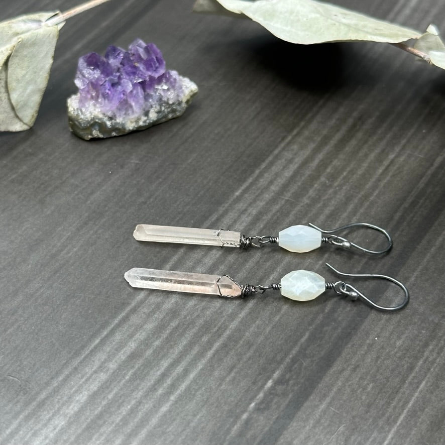 Oxidized sterling silver, quartz, and moonstone earrings