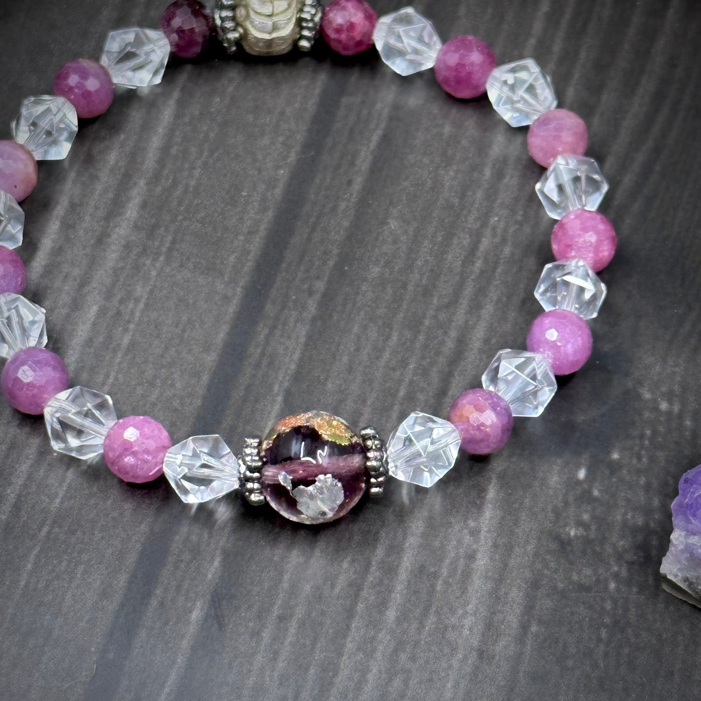 7.5" Ruby, Quartz, Gold Vermil, Sterling Silver, and Venitian Glass Bracelet