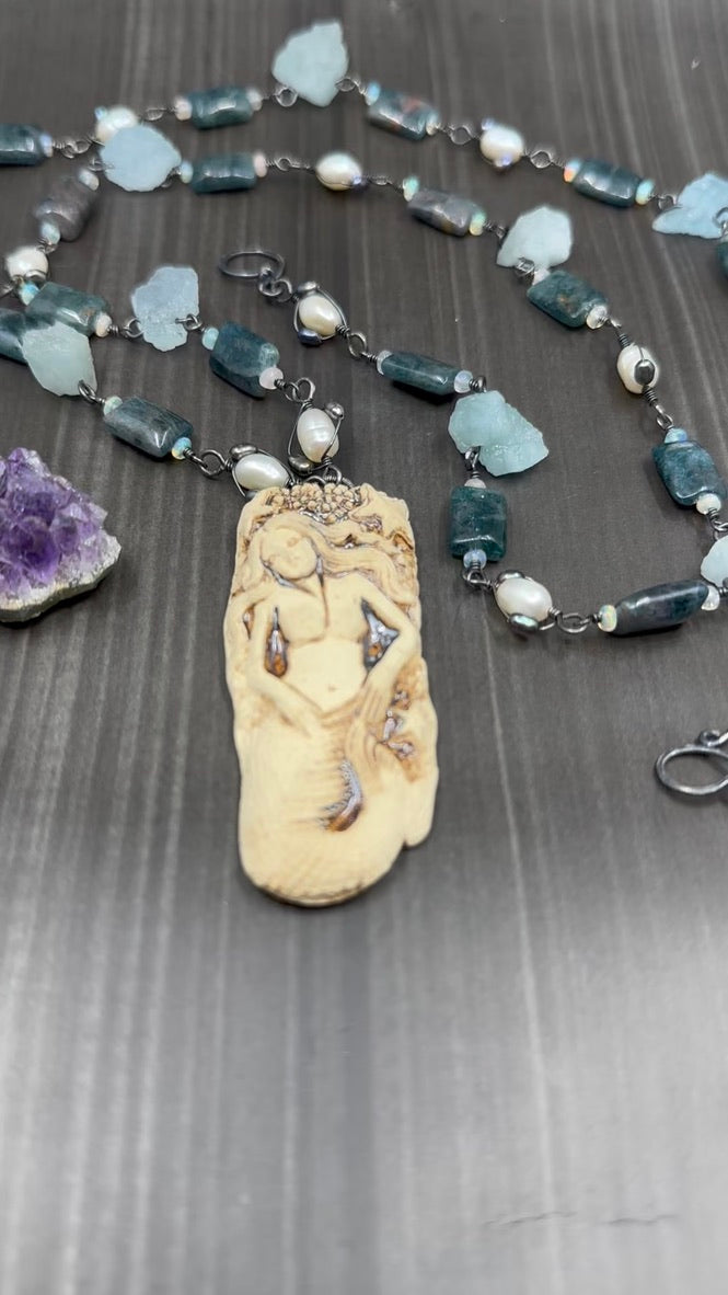 Apatite, Opal, Pearl, Aquamarine, and Ceramic Necklace