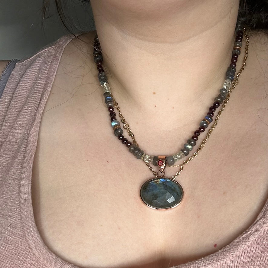 Labradorite, Garnet, and Prasiolite Necklace in Copper