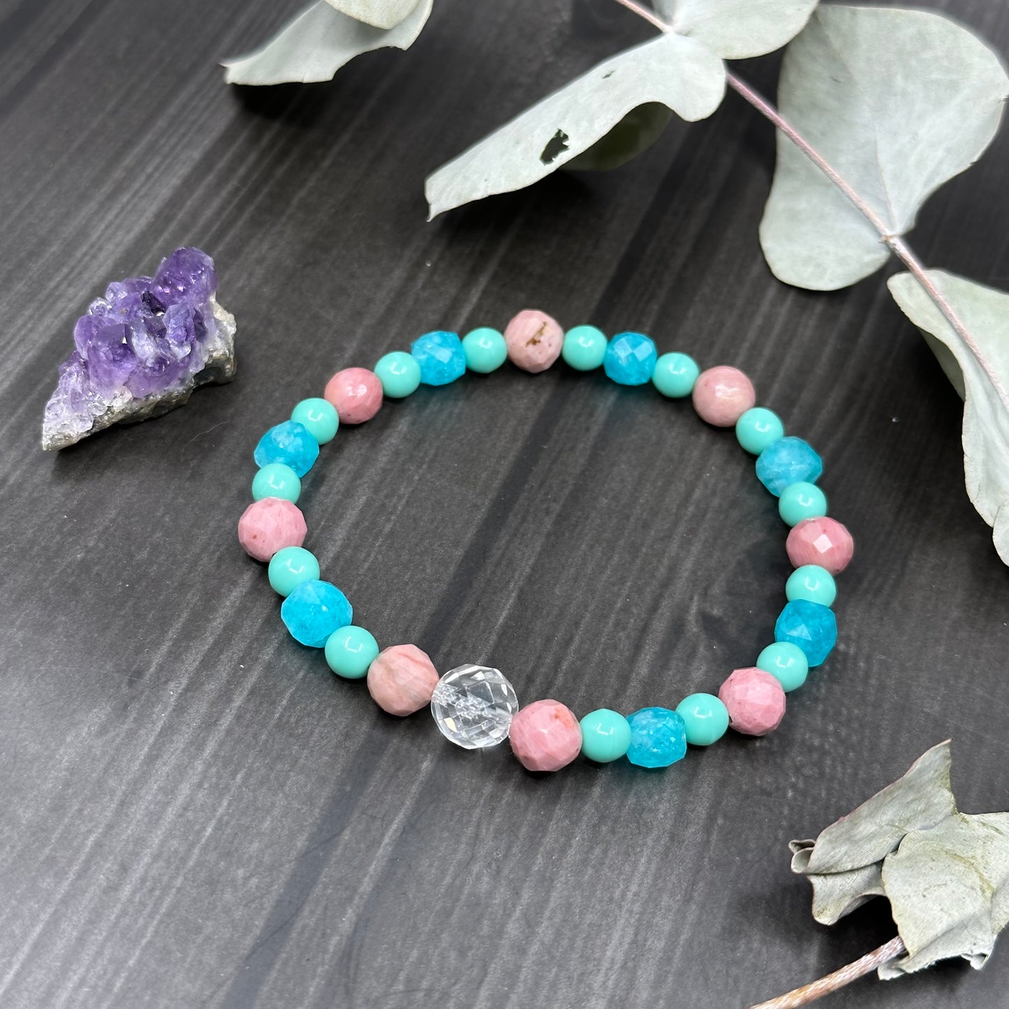 Quartz, Jade, Rhodonite, and Czech Glass 7 ⅜" stretch bracelet