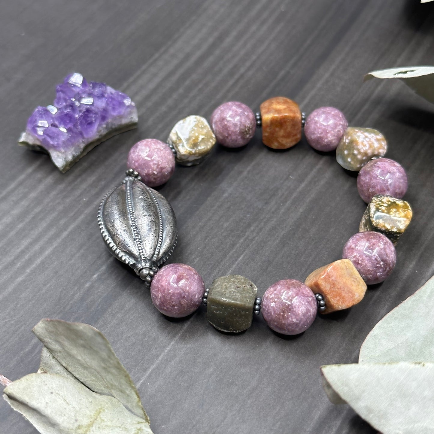 Ocean Jasper, Lepidolite, and sterling silver 6.5" stretch bracelet