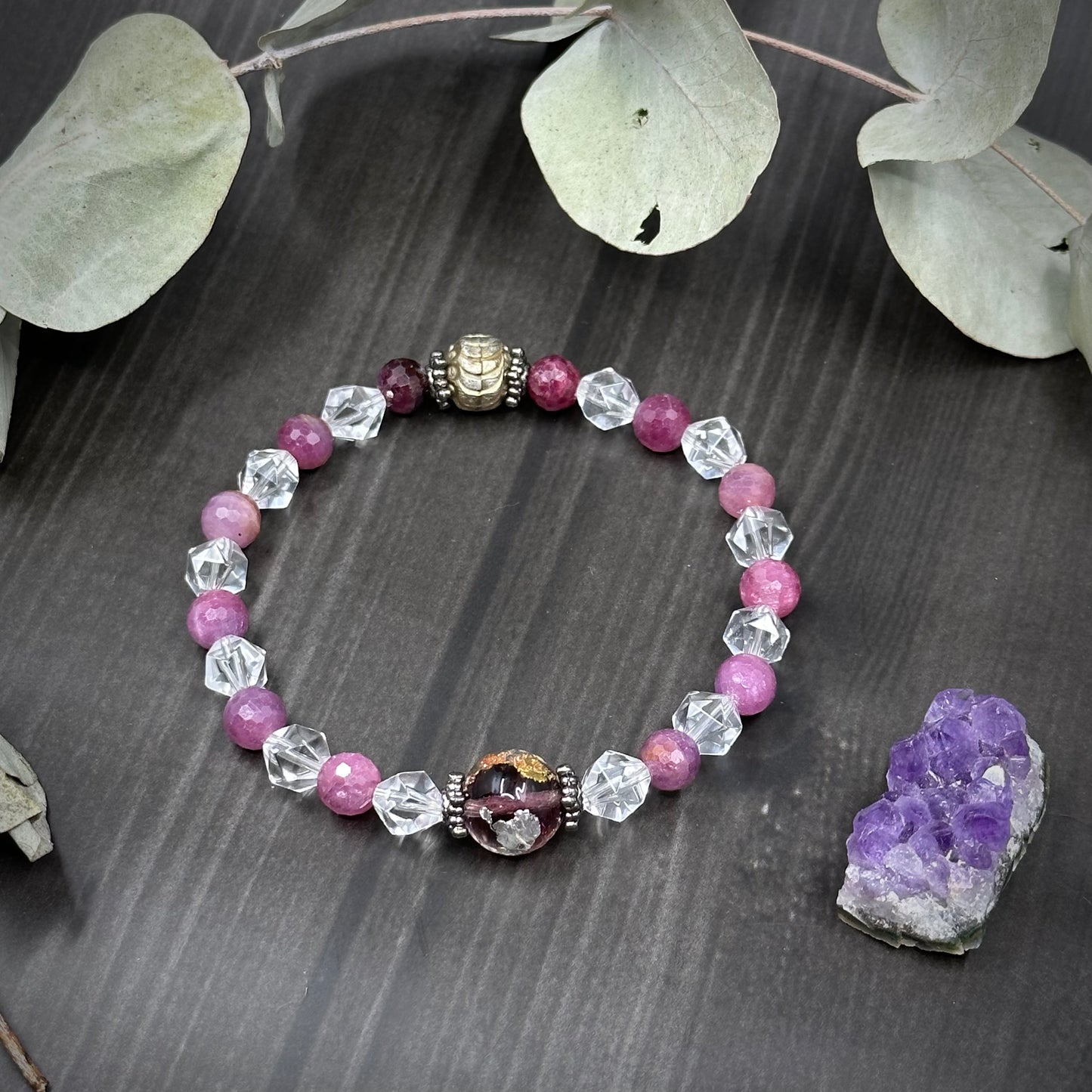 7.5" Ruby, Quartz, Gold Vermil, Sterling Silver, and Venitian Glass Bracelet