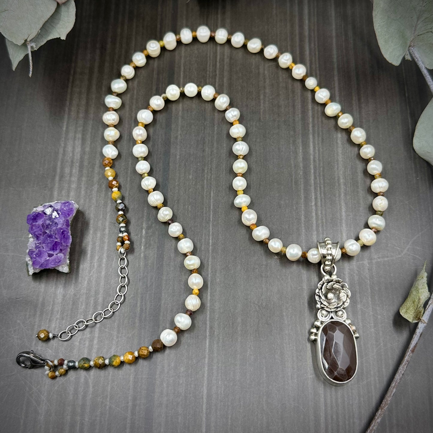 Pietersite and Pearl Sterling Silver Necklace