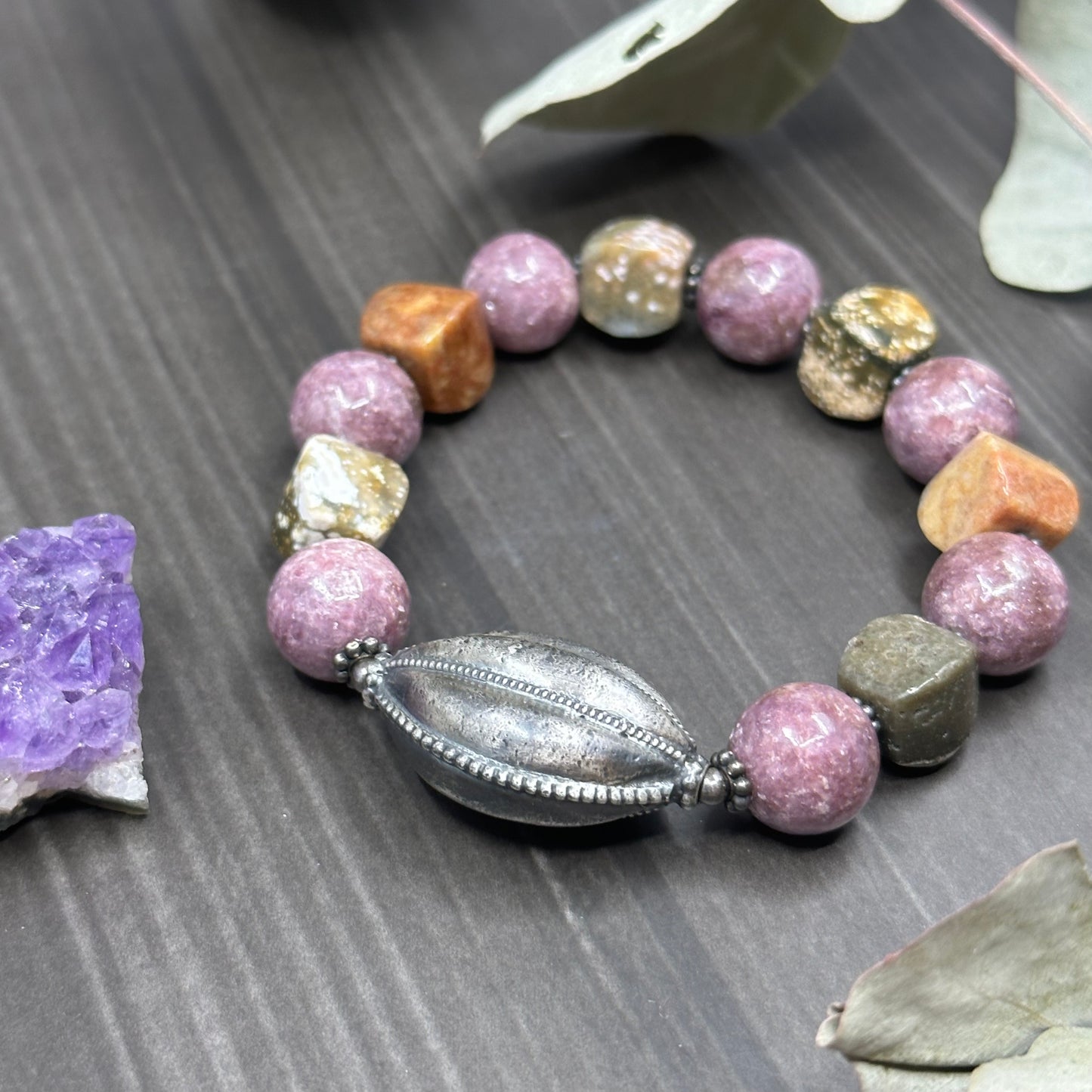 Ocean Jasper, Lepidolite, and sterling silver 6.5" stretch bracelet
